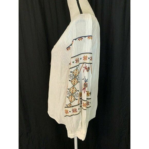 Zara Womens White Brown Red Embroidered Bohemian Long Sleeve Top Blouse Xs - Picture 3 of 6